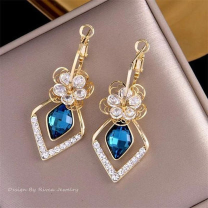 Flower Zircon Rhombic Sapphire Drop Earrings(925Silver)