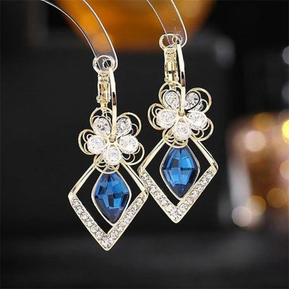 Flower Zircon Rhombic Sapphire Drop Earrings(925Silver)