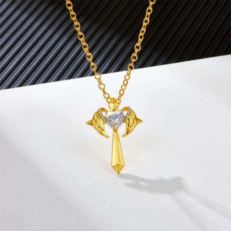 Birthstone Zirconia - Angel Wings Cross Necklace