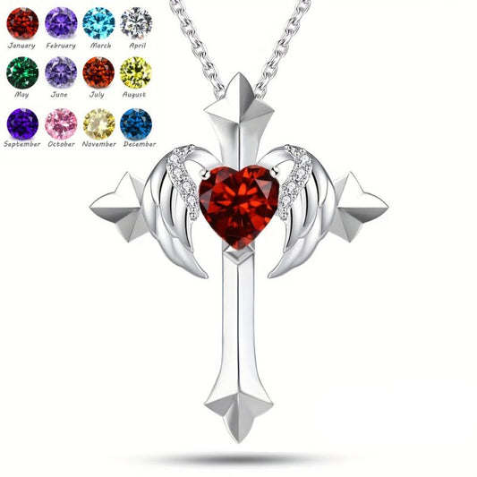 Birthstone Zirconia - Angel Wings Cross Necklace