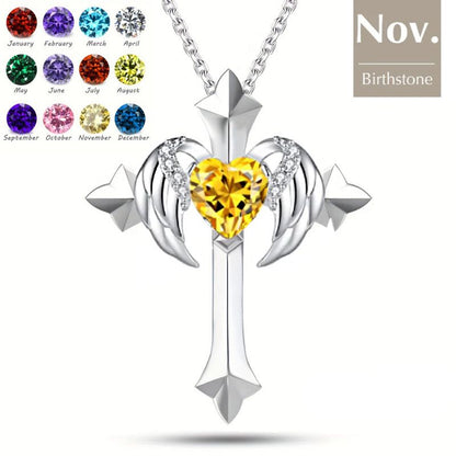 Birthstone Zirconia - Angel Wings Cross Necklace