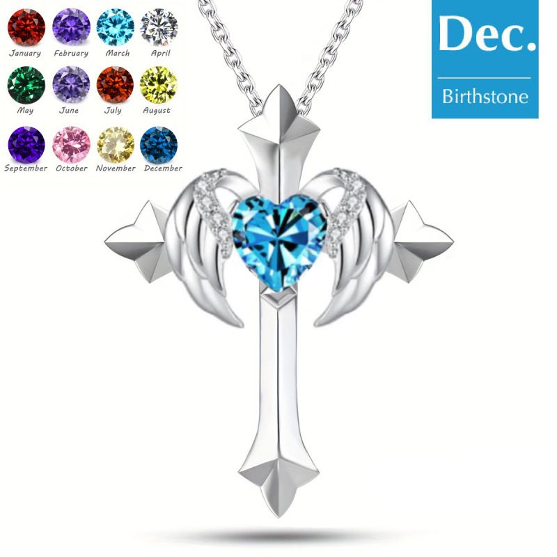 Birthstone Zirconia - Angel Wings Cross Necklace