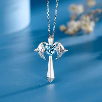 Birthstone Zirconia - Angel Wings Cross Necklace