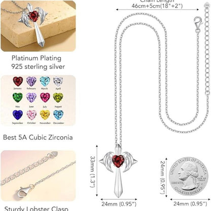 Birthstone Zirconia - Angel Wings Cross Necklace