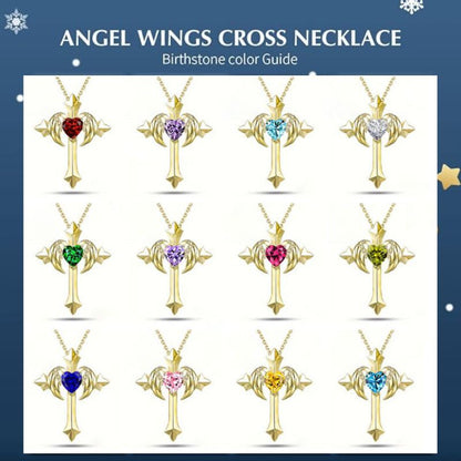Birthstone Zirconia - Angel Wings Cross Necklace