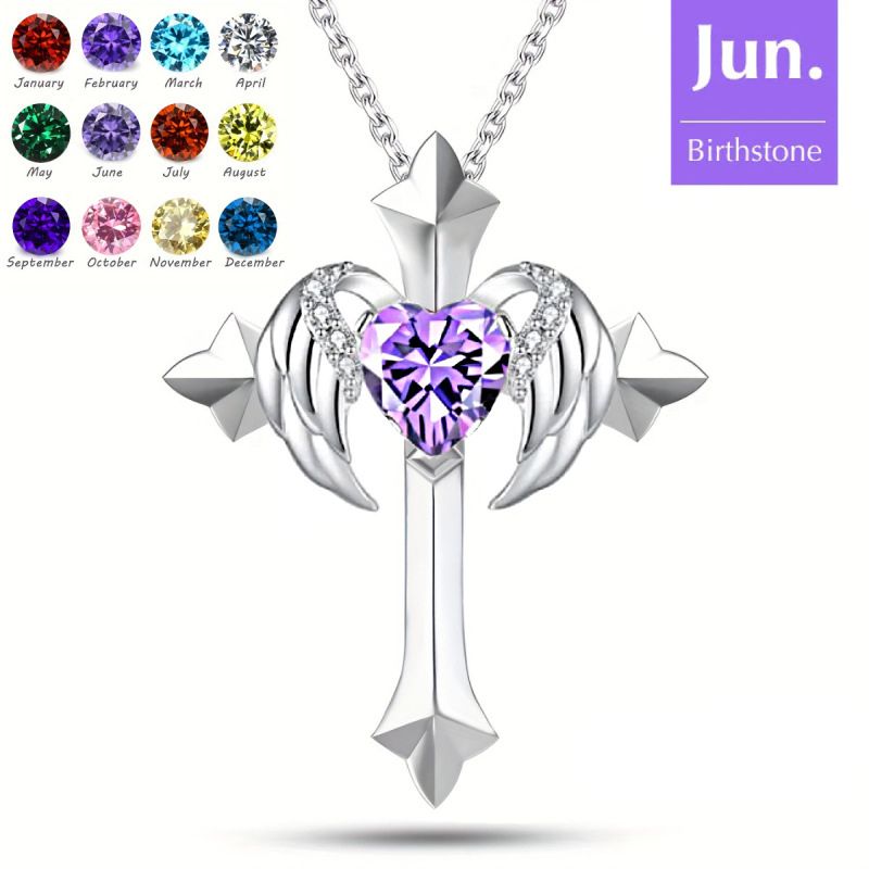 Birthstone Zirconia - Angel Wings Cross Necklace