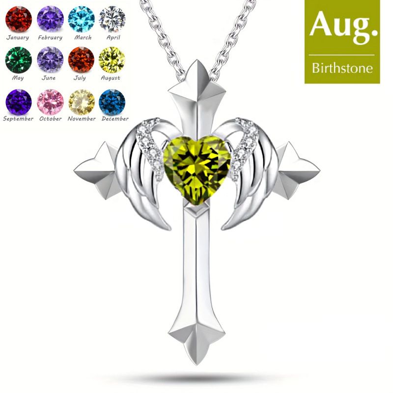 Birthstone Zirconia - Angel Wings Cross Necklace