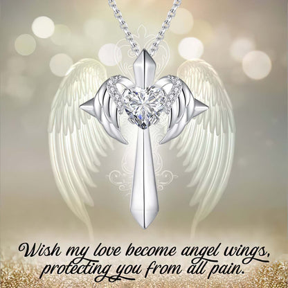 Birthstone Zirconia - Angel Wings Cross Necklace
