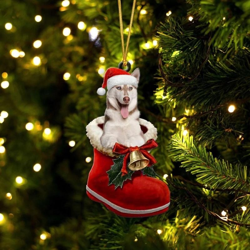 Siberian Husky Red In Santa Boot Christmas Hanging Ornament SB065