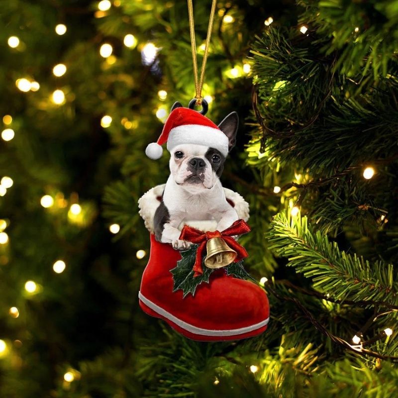 Boston Terrier In Santa Boot Christmas Hanging Ornament SB079