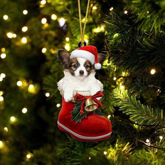 Papillon Dog In Santa Boot Christmas Hanging Ornament SB112