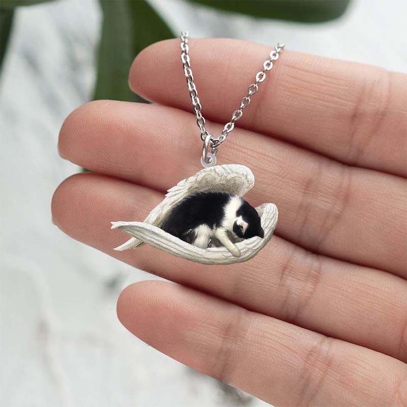 Black and White Cat Sleeping Angel Stainless Steel Necklace SN159