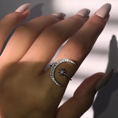 Crescent Moon & Star Adjustable Open Ring - S925