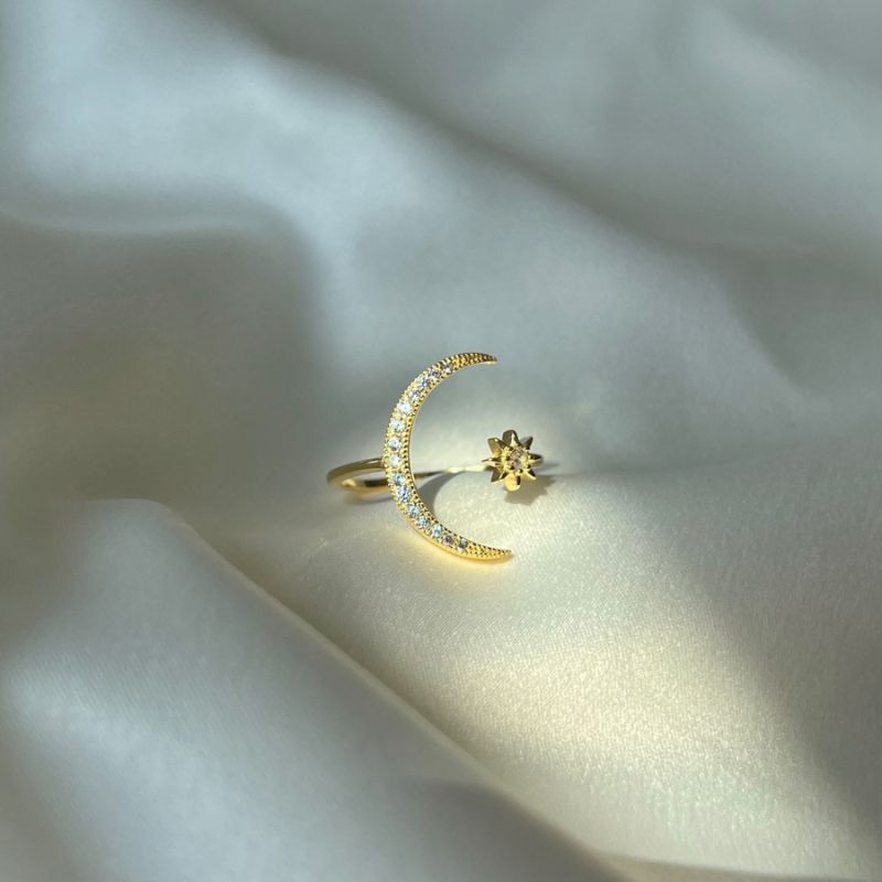 Crescent Moon & Star Adjustable Open Ring - S925