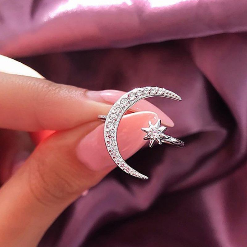 Crescent Moon & Star Adjustable Open Ring - S925