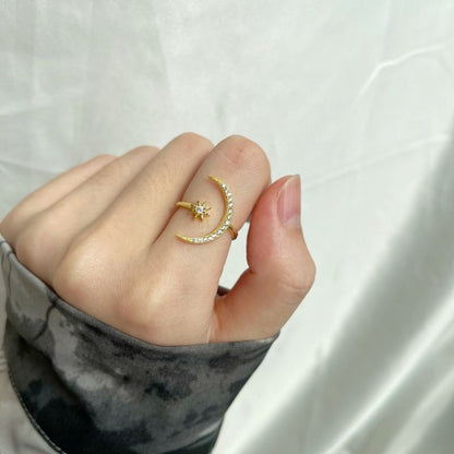 Crescent Moon & Star Adjustable Open Ring - S925