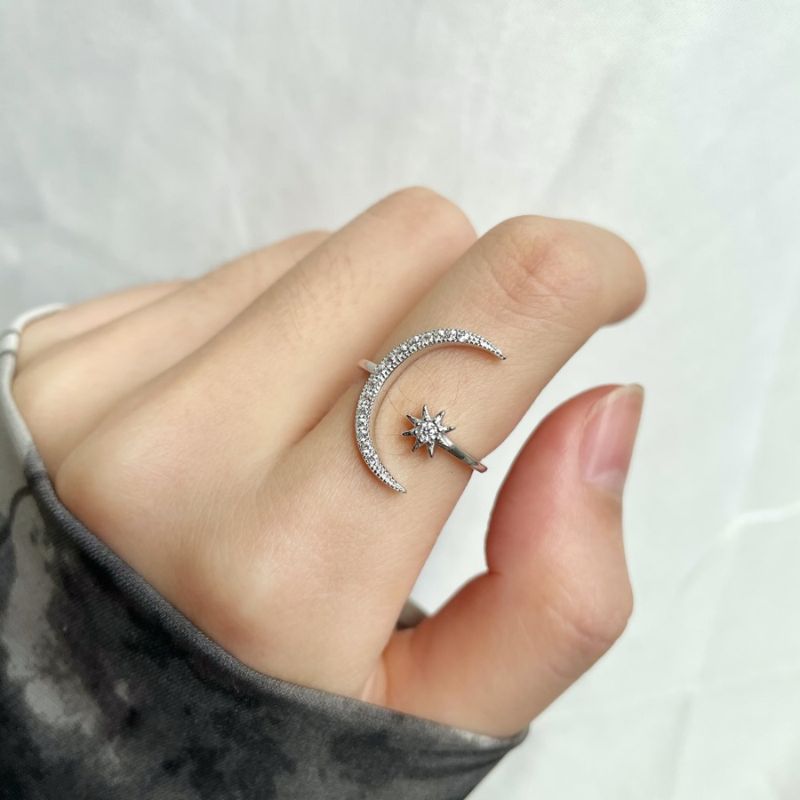 Crescent Moon & Star Adjustable Open Ring - S925