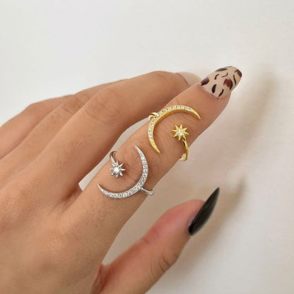 Crescent Moon & Star Adjustable Open Ring - S925