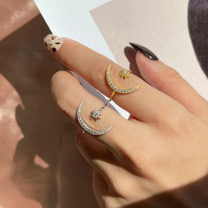 Crescent Moon & Star Adjustable Open Ring - S925