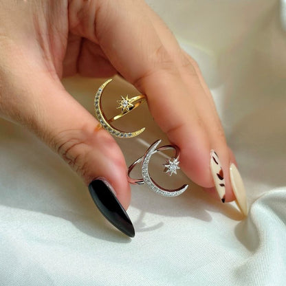 Crescent Moon & Star Adjustable Open Ring - S925