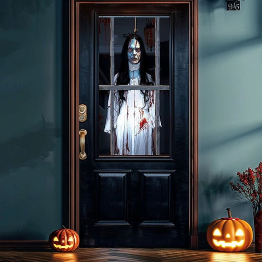 Halloween Spooky Door Covers Creepy Ghost Girl Behind Glass Door SC036