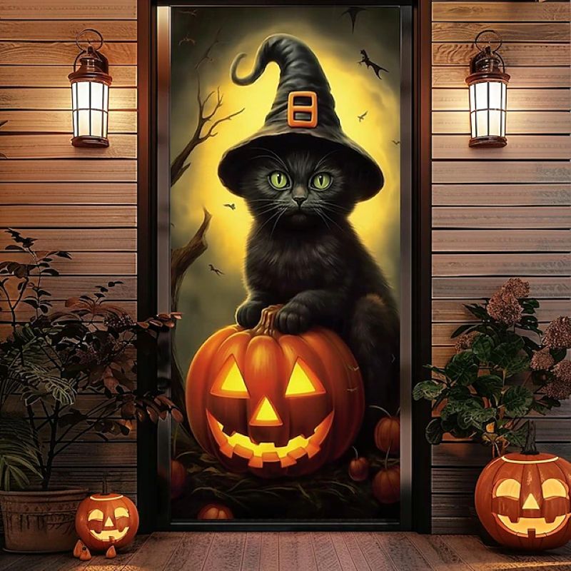 Halloween Spooky Door Covers Black Cat Pumpkin SC050