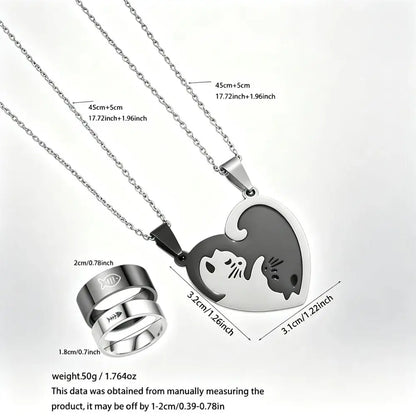 Silver couple necklace set with a heart-shaped pendant showing a cat and dog silhouette, accompanied by two matching ring pendants, with product dimensions and weight annotated on a white background.
